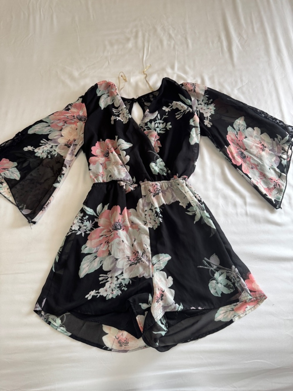 Charlotte Russe Black Romper with Pink & Mint Floral Print